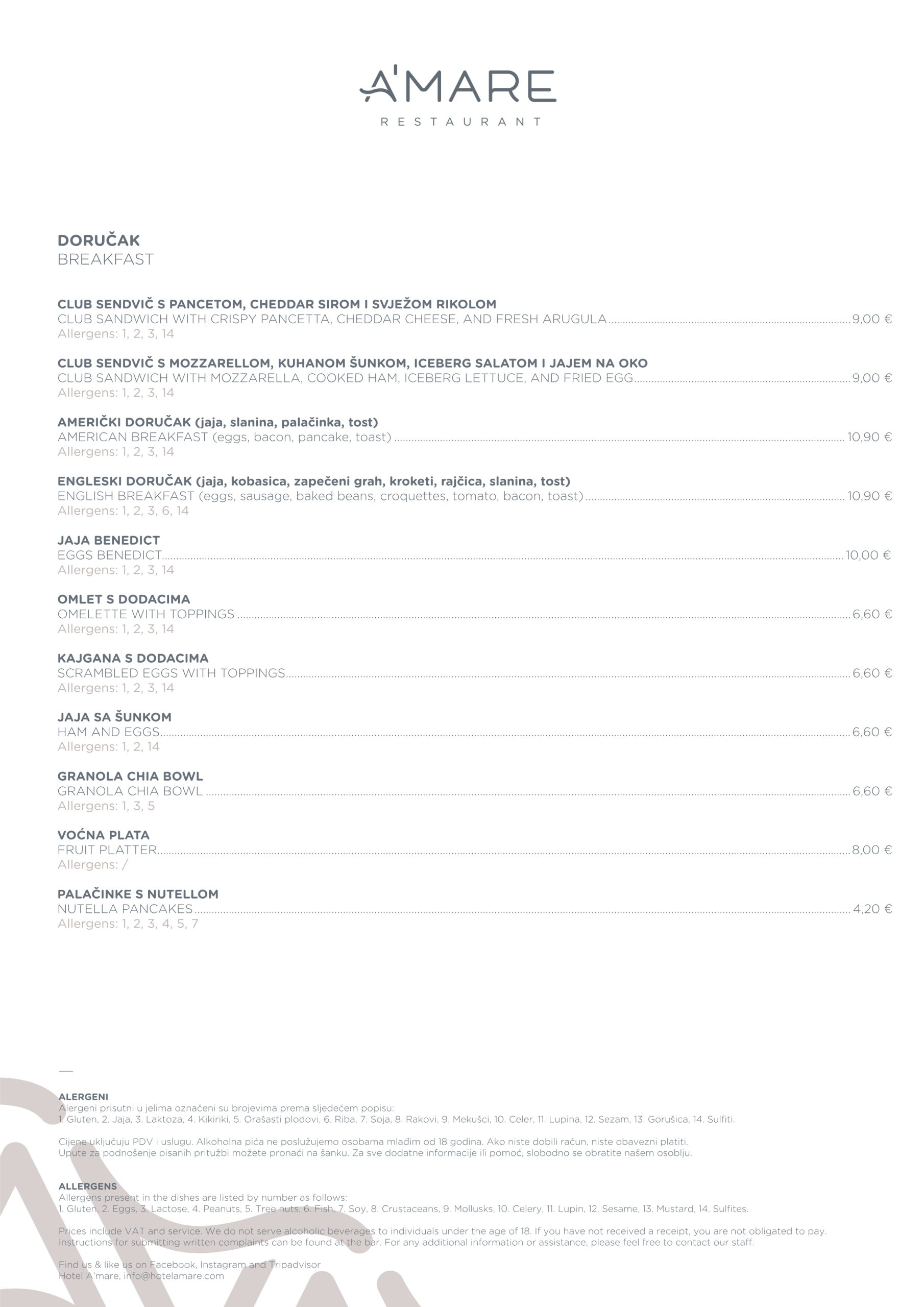 Amare Restaurant Zadar Menu