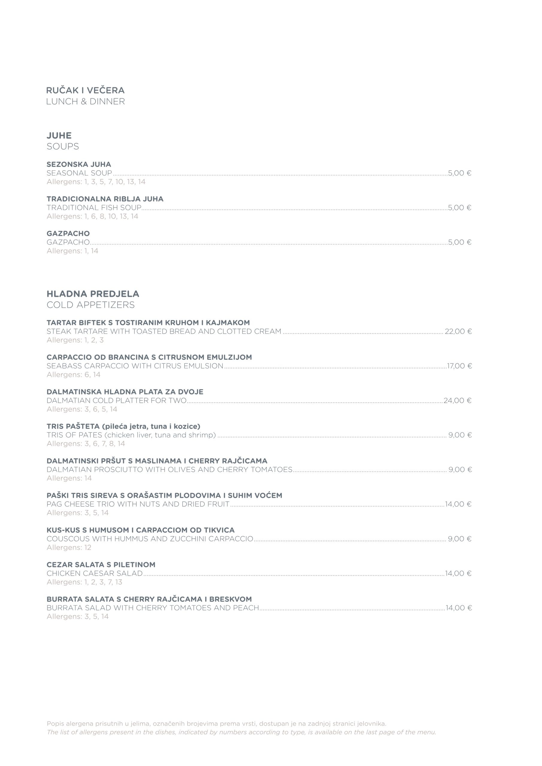 Amare Restaurant Zadar Menu