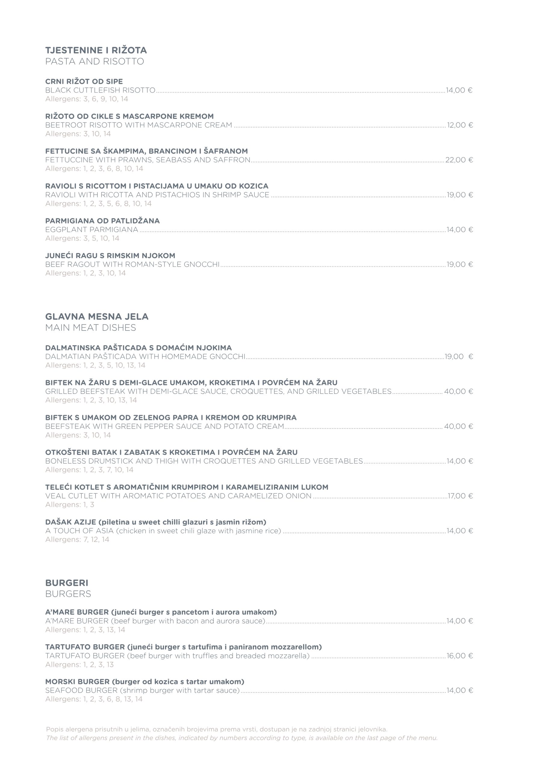 Amare Restaurant Zadar Menu