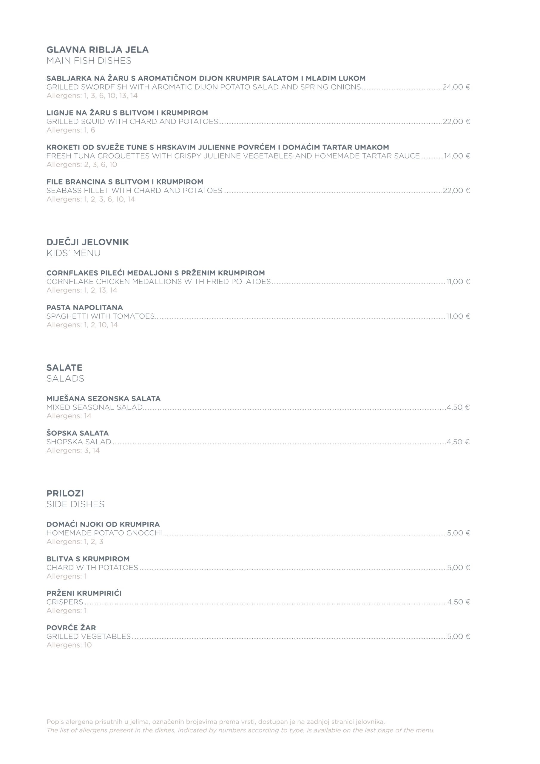 Amare Restaurant Zadar Menu